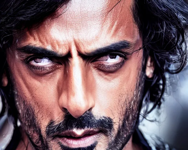 Image similar to a photo of arjun rampal as a super hero, hyper realistic face, beautiful eyes, cinematic, long shot, hyper detailed, 8 5 mm photograph, 8 k resolution, film still, sharp lens, wide lens