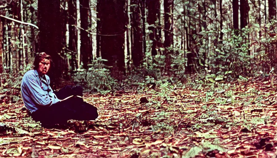 Image similar to 7 0 s film still from a horror movie with a man sitting in a forest, kodachrome, cinecolor, cinestill, photorealism, cinematic, film grain, film texture, vhs recording