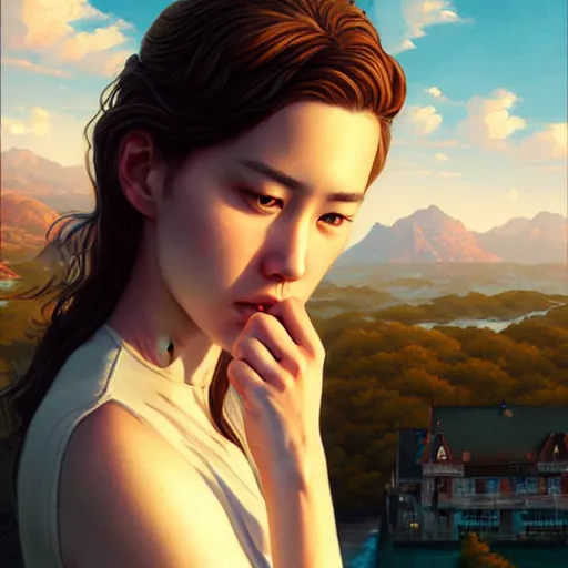 Image similar to a beautiful scenic painting by artgerm and wlop and wes anderson and spike jonze