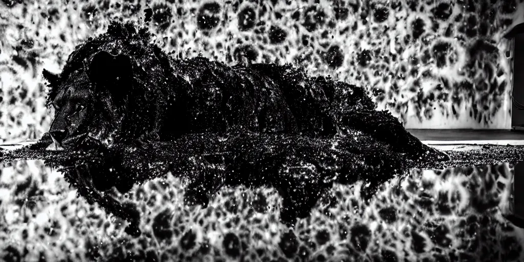 Image similar to the black lioness made of ferrofluid, dripping tar, drooling ferrofluid, crawling out of the air vent. dslr, photography, animal photography, goo, reflections, sticky, melting