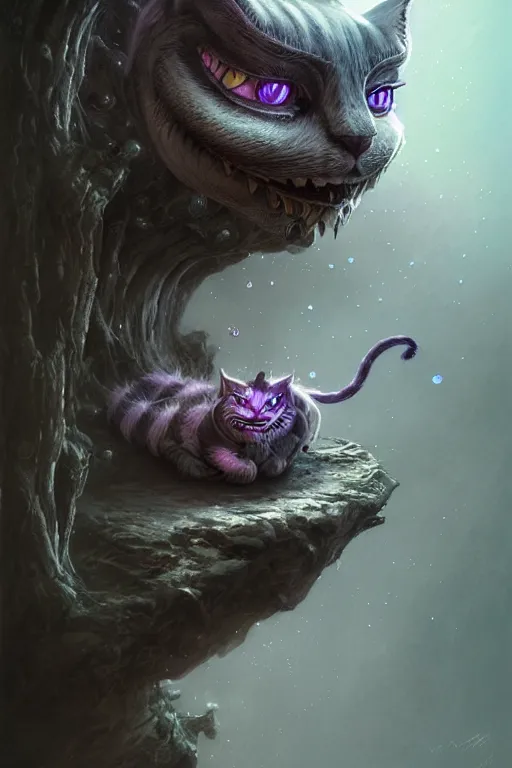 Image similar to cheshire cat, head only, by wlop, by luis royo, by peter mohrbacher, intricate, masterpiece, elegant, super detailed, unreal engine rendering, concept art, smooth, hard focus, sharp focus illustration, artstation hq