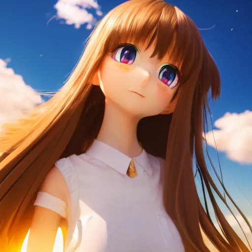 Prompt: Render of a very beautiful 3d anime girl, long hair, hazel eyes, cute freckles, full round face, short smile, cute sundress, golden hour, serene clouds setting, medium shot, mid-shot, highly detailed, trending on Artstation, Unreal Engine 4k