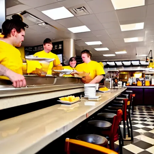 Image similar to busy wafflehouse interior with customers eating breakfast and wafflehouse employees serving food and cooking behind countertop