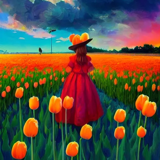 Image similar to dutch girl with singular giant tulip as a head, surreal photography, flower field, sunset dramatic light, impressionist painting, colorful clouds, blue sky, digital painting, artstation, simon stalenhag