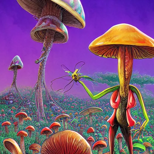 Image similar to 4 k headshot portrait of a psychedelic demonic anthropomorphic praying mantis with mushroom themed clothes, magic mushroom village in background by jeff easley, award winning, stylized neon, post - processing, masterpiece, superb resolution. in the art style of junji ito and greg rutkowski. detailed mushroom city in background. hyper realistic anime. perfect art. dalle 2