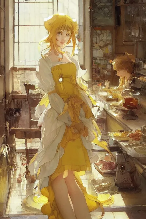 Image similar to A girl in a maid's outfit in a cafe a afternoon, wavy hair yellow theme,S line,45 angel by krenz cushart and mucha and anmi and greg rutkowski