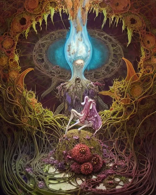 Image similar to the platonic ideal of flowers, rotting, insects and praying of cletus kasady carnage davinci dementor chtulu mandelbulb mandala ponyo dinotopia the witcher, fantasy, ego death, decay, dmt, psilocybin, concept art by randy vargas and greg rutkowski and zdzisław beksinski and alphonse mucha