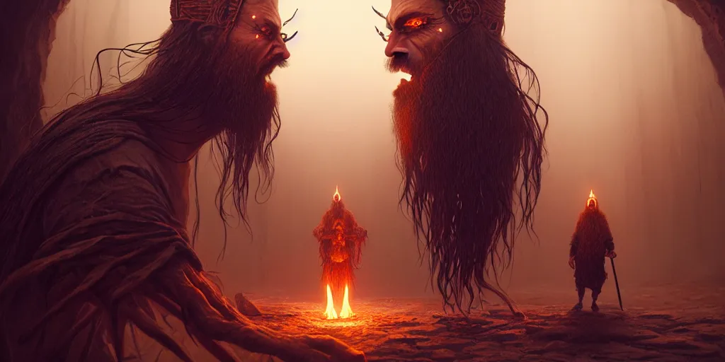 Prompt: beard shaman facing the inner demon, symmetrical forms, golden ratio, digital art, fantasy art, octane render, unreal engine, high detail, very realistic, by greg rutkowski. by james gurney