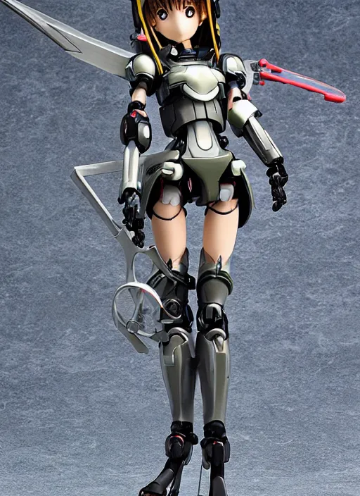 Prompt: toy design,Girl in mecha cyber Armor, portrait of the action figure of a girl, with bare legs， holding a scythe weapon， anime figma figure, studio photo, flight squadron insignia, realistic military gear, 70mm lens,