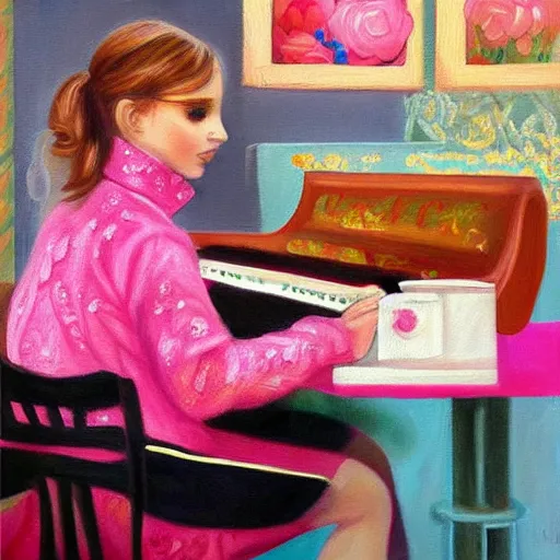 Prompt: highly detailed painting of beautiful russian girl playing a pink keyboard with a cup of tea, realistic,