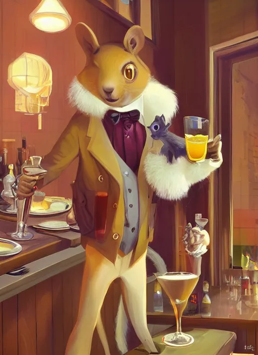 Image similar to squirrel anthro as a dapper bartender with a big, fluffy tail, retro futurism, art deco, detailed, painterly digital art by WLOP and Cory Loftis and Ilya Repin, 🐿🍸🍋, furaffinity, trending on artstation