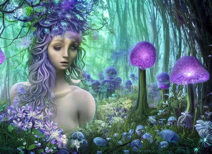 Image similar to glowing delicate flower and mushrooms that grow in a dark fatansy forest on the planet Pandora, an idealistic marble statue with fractal flowery hair in a fractal garden,