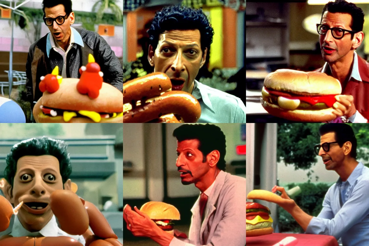 Prompt: Color movie still of Jeff Goldblum in 'Hot Dog monster vs Hamburger monster' by Akira Kurosawa