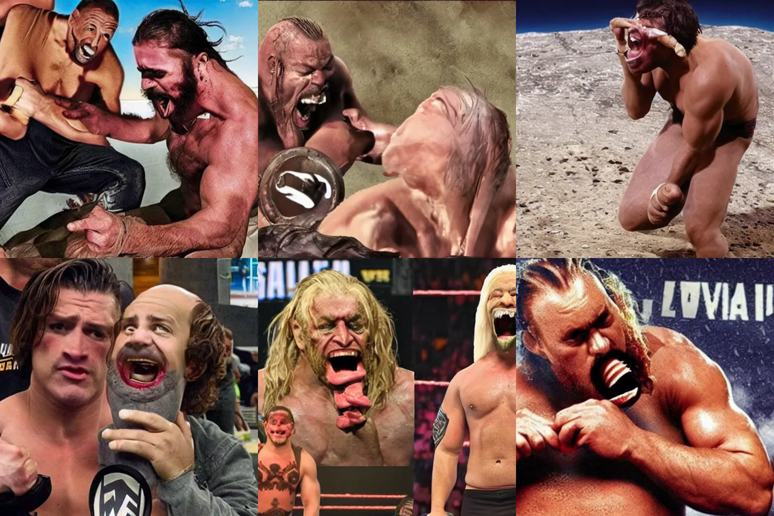 Prompt: viral promotional image, wwe wrestler devouring his sandal, reference to saturn devouring his son