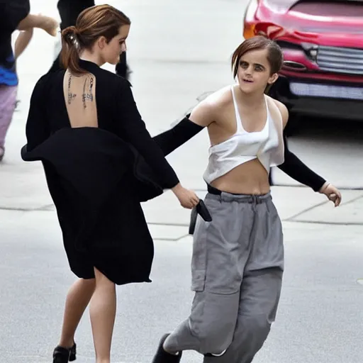 Prompt: emma watson tackling emma watson