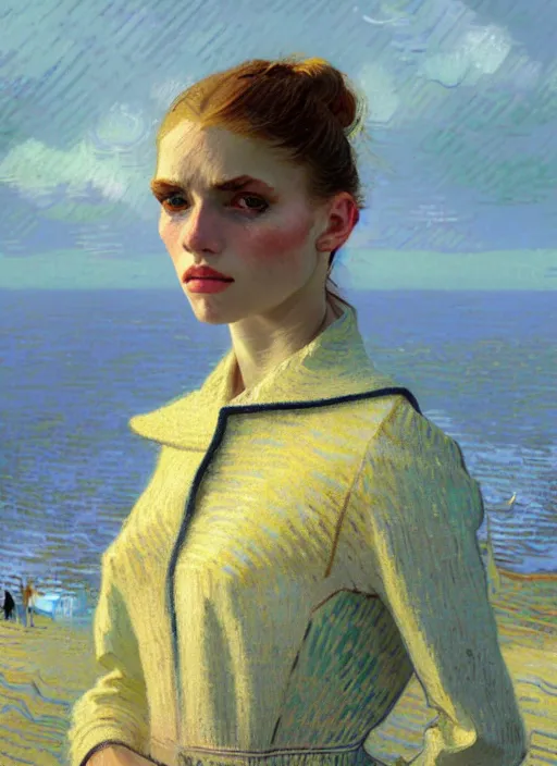 Image similar to portrait of a beautiful girl, sea dunes backdrop, sad, pastel shades of light blue and light yellow, beautiful face, rule of thirds, intricate outfit, spotlight, by greg rutkowski, by van gogh, by rineke dijkstra, digital painting