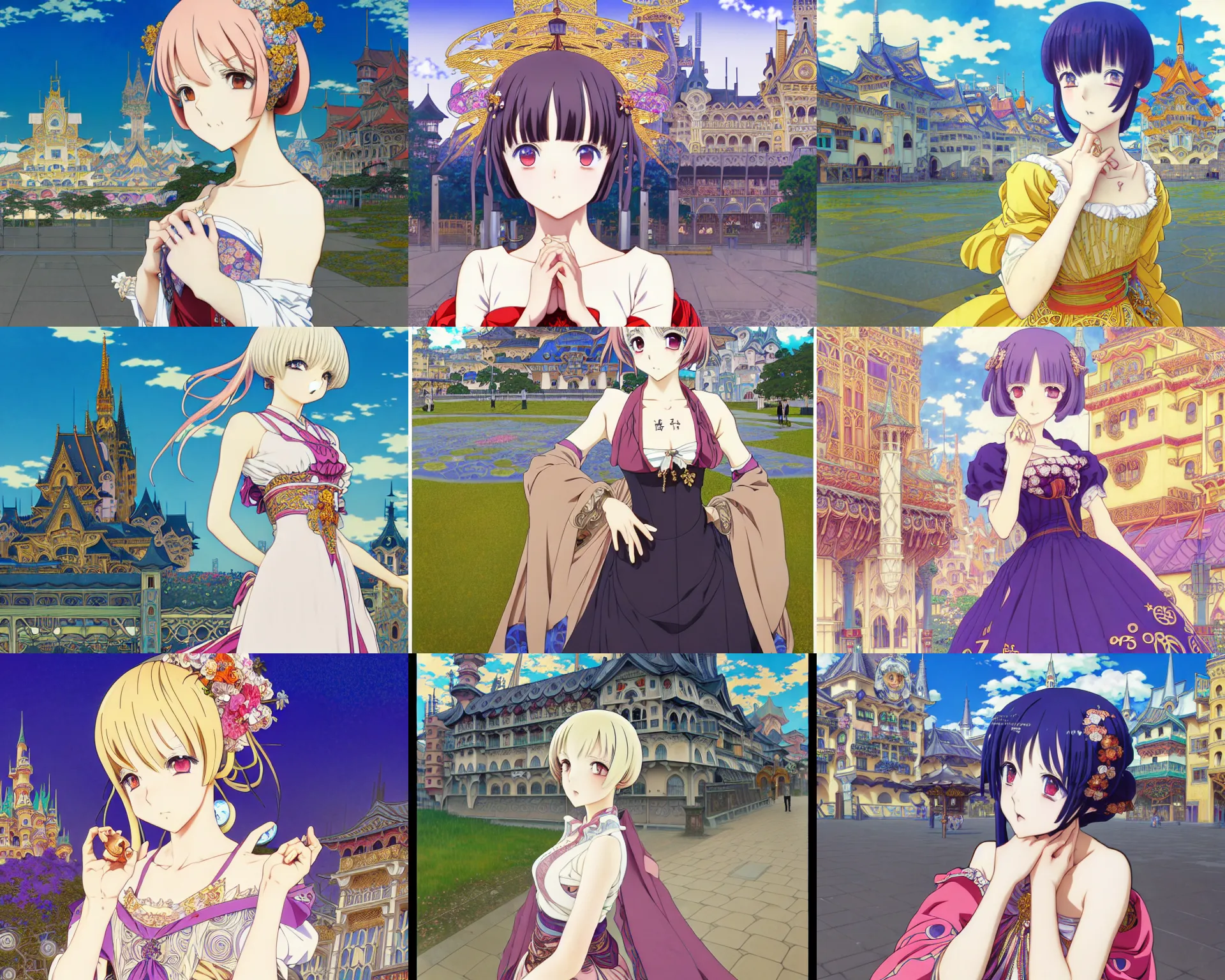 Prompt: anime visual, portrait of a young woman like reol in a ornate dress outside in the medieval city square looking at the fantasy palace in the distance, cute face by yoh yoshinari, alphonse mucha, dynamic pose, dynamic perspective, rounded eyes, moody, psycho pass, kyoani, gustav klimt, cel shade, yoh yoshinari