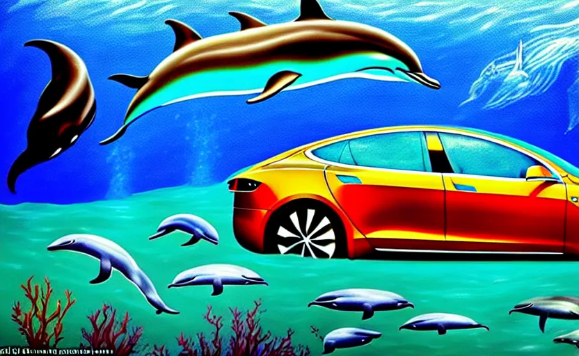 Prompt: a surreal colourful painting of a tesla car underwater surrounded by dolphins