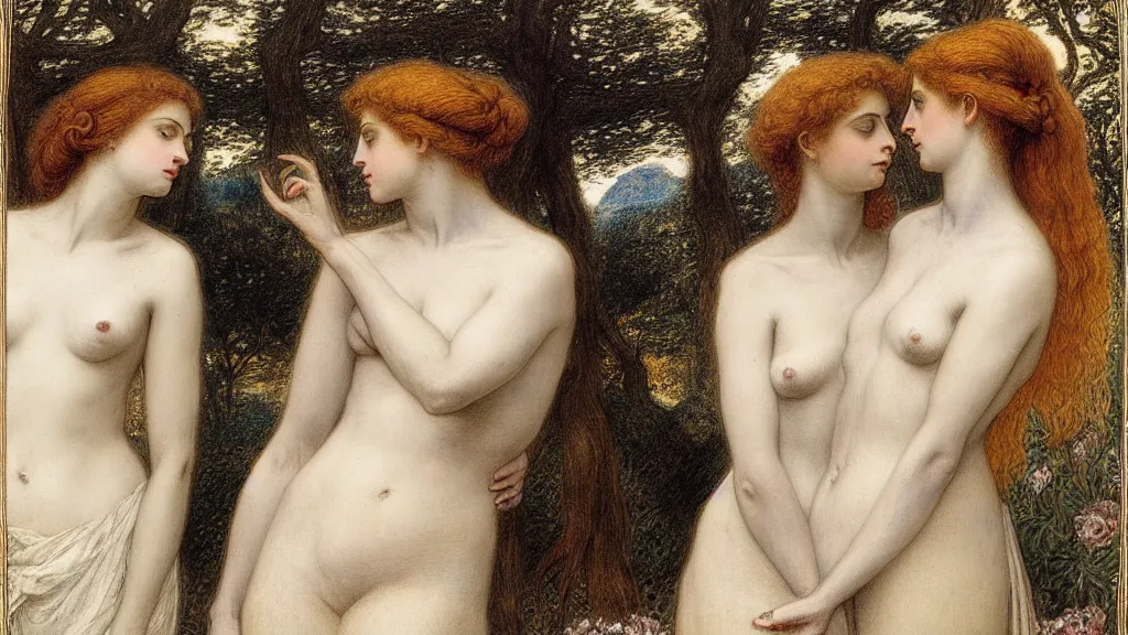 Image similar to portrait of two women staring into eachothers eyes, in the style of “ sappho and erinna in the garden mytelene ” by simeon solomon, intricate details, high detail, super - flat