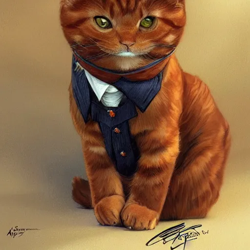 Image similar to ginger cat in a business suit, artists portrait, fantasy, highly detailed, digital painting, concept art, sharp focus, depth of field blur, illustration, art by artgerm and greg rutkowski and alphonse mucha