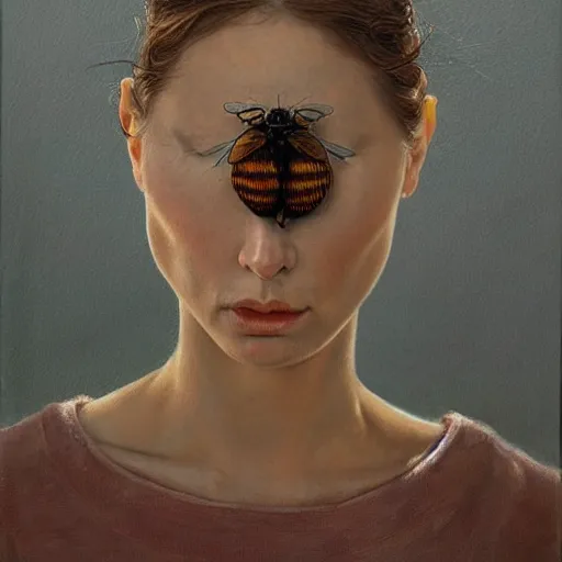 Image similar to a hyperrealistic painting of a beautiful woman with the head of a fly, by santiago caruso, highly detailed,