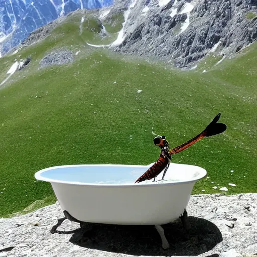 Image similar to dragonfly in a bathtub in the alps, goats!!!!!!!! in background