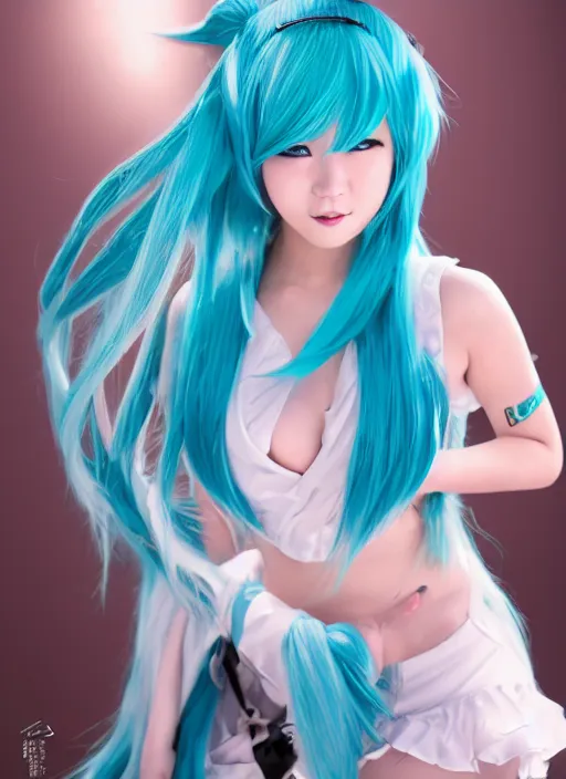 Prompt: Cute beautiful Asian cosplay girl with long blue hair and tempting eyes cosplaing Hatsune miku, full length shot, shining, 8k, HQ, sharp focus, IMAX quality, illustration, by Gil Elvgren and rossdraws