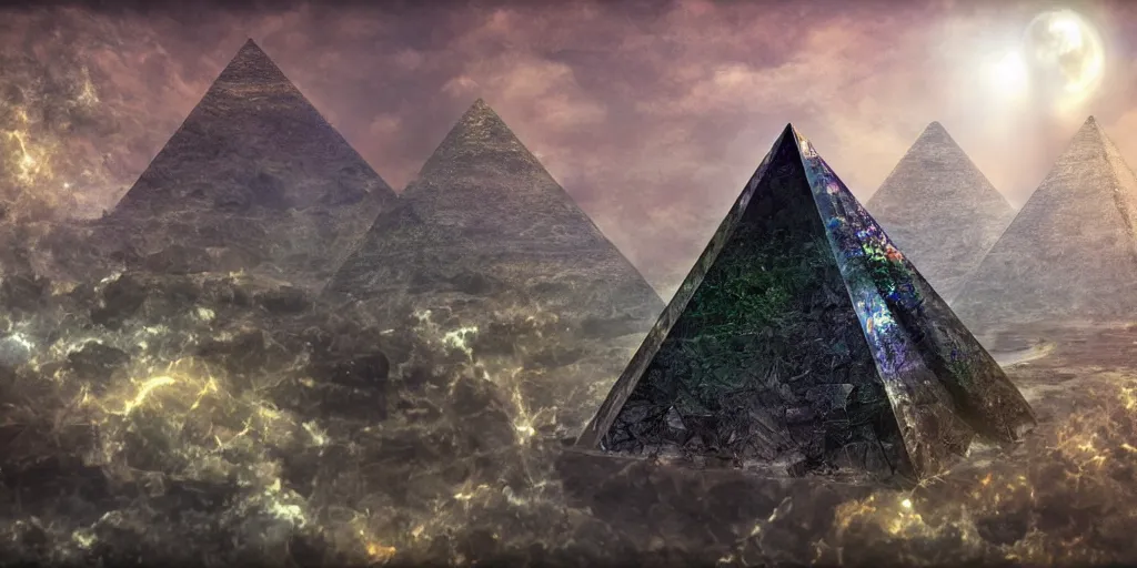 Image similar to Quartz crystal, bismuth fractal, translucent pyramid, refraction, fantasy landscape, detailed matte painting