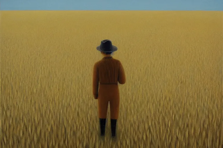 Prompt: a wheat field with a scarecrow and a barn artwork by tim eitel