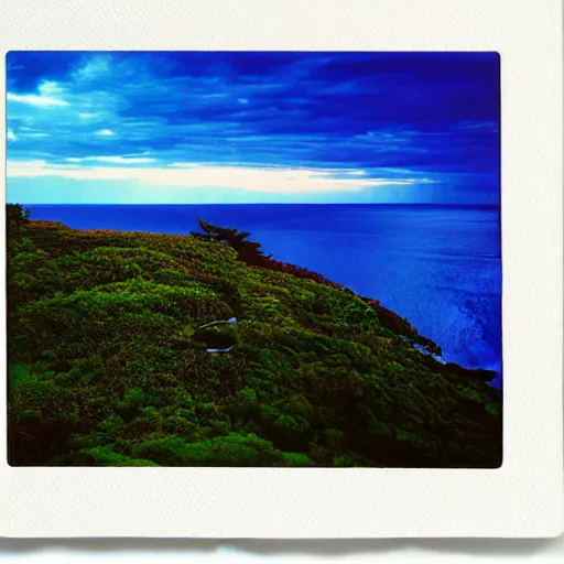 Image similar to micro - hurricane, blue hour, deep blue atmosphere, scattered islands, sea, ocean, royal blue sky, low pressure system, cloud with eye, very windy, late evening, distant hotel retreat on cliffside, polaroid photograph