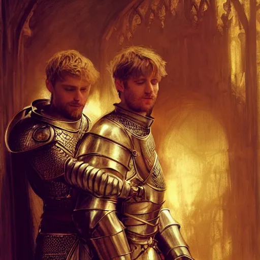 Image similar to attractive arthur pendragon and his favourite attractive male knight, they are in love, camelot, natural lighting, path traced, highly detailed, high quality, digital painting, by gaston bussiere, craig mullins, j. c. leyendecker