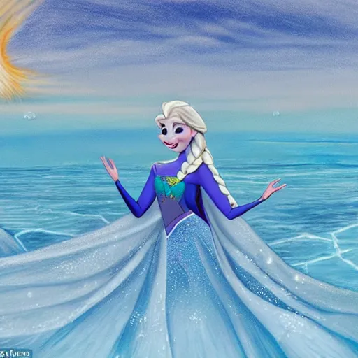 Prompt: humorous drawing of elsa from frozen on an isolated peace of ice drifting in a polluted ocean with bright sun in the background struggling with climate change