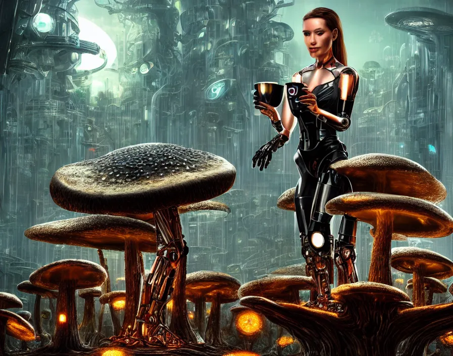 Prompt: photo of an intricate and sophisticated terminator woman with borg enhancements sitting on a giant mushroom in a weird magical forest and drinking a cup of tea. Very detailed 8k. Fantasy cyberpunk horror