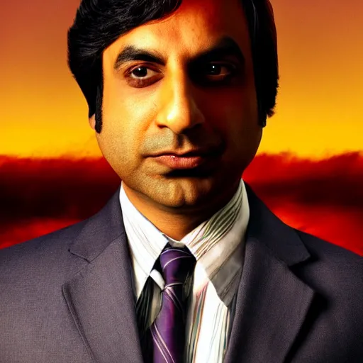 Image similar to Raj Koothrappali as Saul Goodman, promo poster, clouds in the background, cinematic light, 35 mm, film grain, movie, realistic
