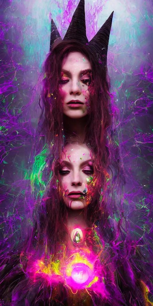 Prompt: impossibly beautiful witch using magic to hypnotize enemies, single head, full body, complexity, horror, psychedelic glitch art, rainbow drip paint, trending on art station, photoreal, 8k, octane render