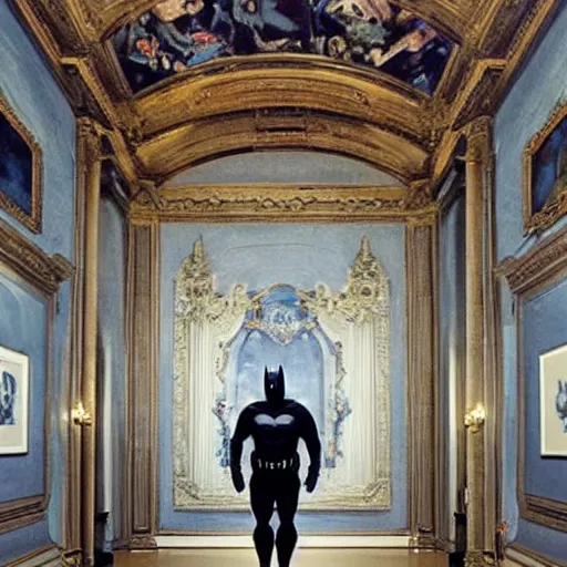 Image similar to Batman standing in giant Italian modern castle living room, clean minimalist design, that is 1300 feet tall, with very tall giant walls filled with modern art paintings, doors that are cosmic portals, photo by Annie Leibovitz