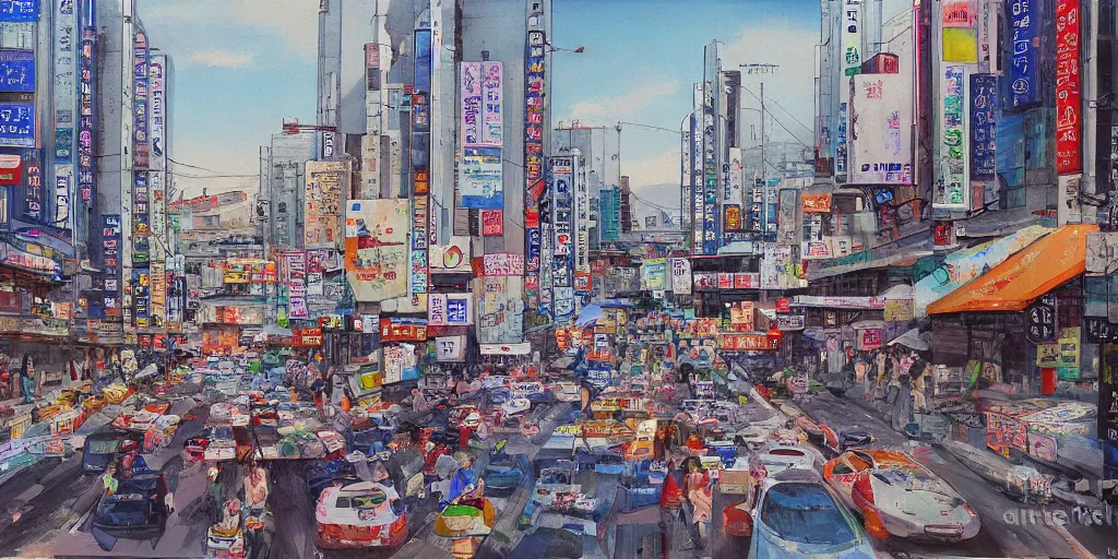 Prompt: streets of hongdae, hangeul, photorealism, spring, wide shot, by Lim Eung-Sik