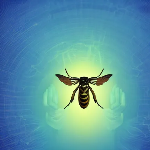 Image similar to human man that resembles a wasp morh in surreal sketch style, blue and yellow gradient, noise, ultrafine detail, hd 8k, logo illustration