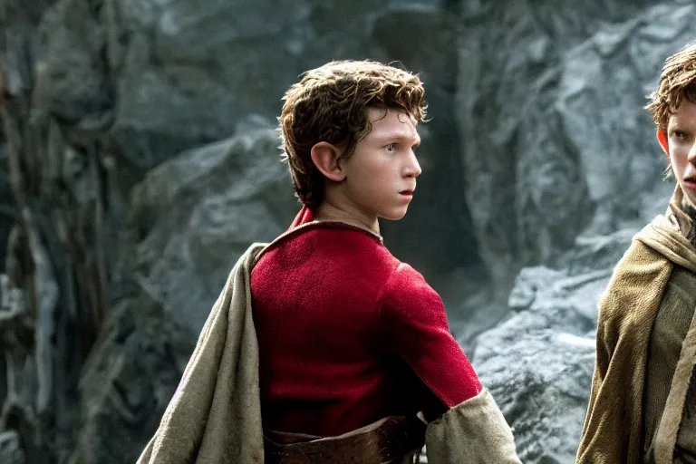 Image similar to tom holland plays an elf in the lord of the rings return of the king, highly detailed, cinematic lighting, 4 k, arricam studio 3 5 mm film camera, kodak 5 2 7 9 ( tungsten - balanced ) film stock