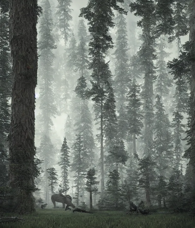 Image similar to a beautiful hyperrealistic detailed 3 d render colossal grey forest creatures guarding a wall of infinite pine trees, by anton otto fischer, atey ghailan, by goya, unreal engine, octane render, epic, 3 d, intricate, ultra wide, artstation, volumetric lighting, hdr, polished, micro details, ray tracing, 8 k