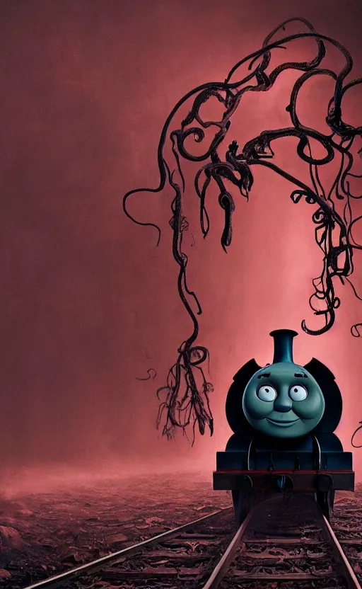 Image similar to thomas the tank engine in style of zdzisław beksinski, extremely dramatic lighting, 8 k, tendrils, black, darkness, black slime tendrils, infected, rust, body horror, thomas the train, thomas the tank engine face, horror,