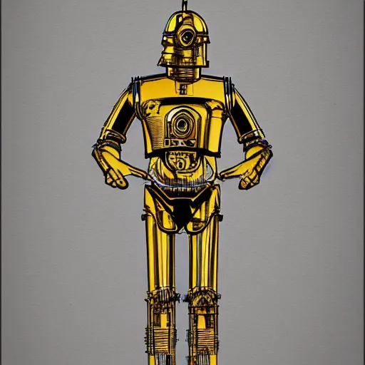 Image similar to technical blueprint of C3PO, pencil style