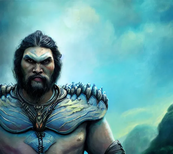 Prompt: an epic fantasy comic book style portrait painting of a very imposing nebulapunk jason momoa as a halfling na'vi from avatar, character design by mark ryden and pixar and hayao miyazaki, unreal 5, daz, hyperrealistic, octane render, cosplay, rpg portrait, dynamic lighting, intricate detail, harvest fall vibrancy, cinematic