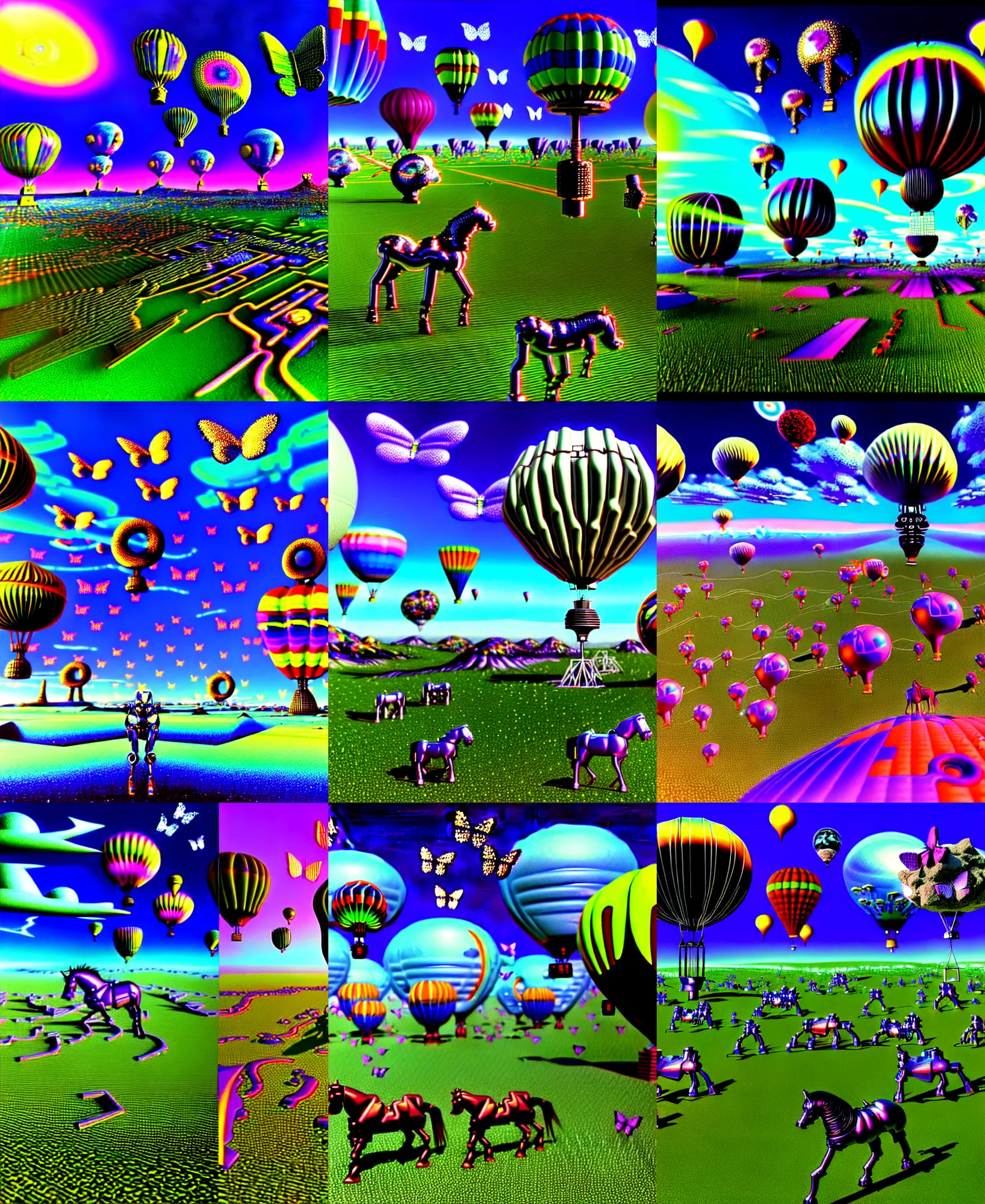 Prompt: 3 d render of cybernetic landscape with cyborg horses and hot air balloons with angel wings against a psychedelic surreal background with 3 d butterflies and 3 d flowers n the style of 1 9 9 0's demoscene cgi graphics, lsd dream emulator psx, 3 d rendered y 2 k aesthetic by ichiro tanida, 3 do magazine, wide shot