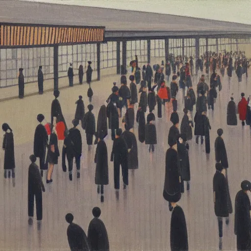 Image similar to painting of japanese commuters heading to the central business district of tokyo, painted by laurence stephen lowry, oil on canvas, national gallery