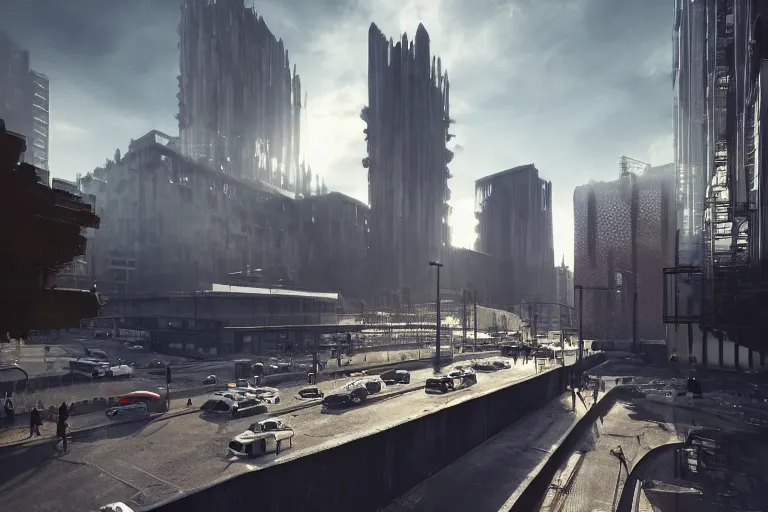 Image similar to streetscape, a towering cathedral of brutalist architecture, buildings covered with greebles, stunning volumetric light, sunset, metal, concrete and translucent material, stunning skies, majestic landscape, trending on Artstation, 8k, photorealistic, hyper detailed, unreal engine 5, IMAX quality, cinematic, epic lighting, in the style of Greg Rutkowski