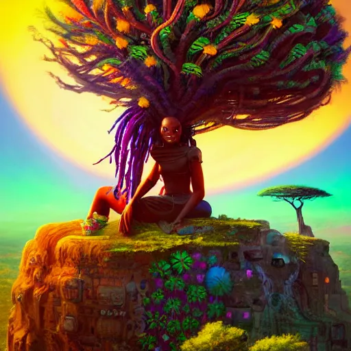 Image similar to an exotic african cyberpunk woman with colorful dreadlocks sitting on a cliff overlooking a field of colorful flowers with a giant glowing baobab tree in the middle, it is sunset, by greg rutkowski and android jones and Alena Aenami in a surreal cyberpunk! style, oil on canvas, highly detailed face, 8k hd,