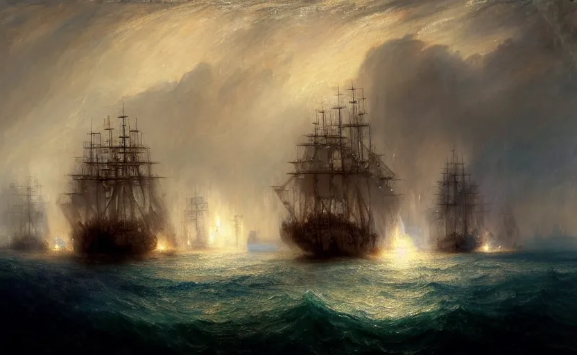Image similar to epic naval battle, pirate galleons and tie fighters. by artstation trending, by joseph mallord william turner, luis royo, konstantin razumov, cinematic lighting, fractal flame, highly detailed