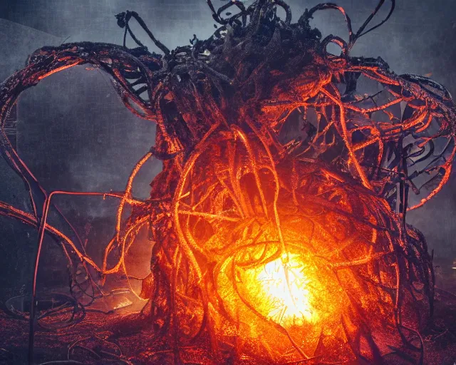 Prompt: metal complex heavy machinery creature, head, plants covered in slime, tree roots strangled, glass debris pieces, dust particles, dramatic lighting, electronic wires, fire sparks, high resolution photo,