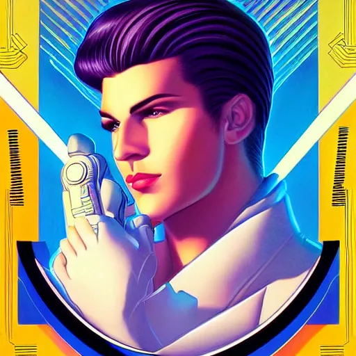 Prompt: a stunning profile portrait of art deco synthwave glamor man wearing a nintendo power glove, by Evelyn De Morgan and Ross Tran, rossdraws